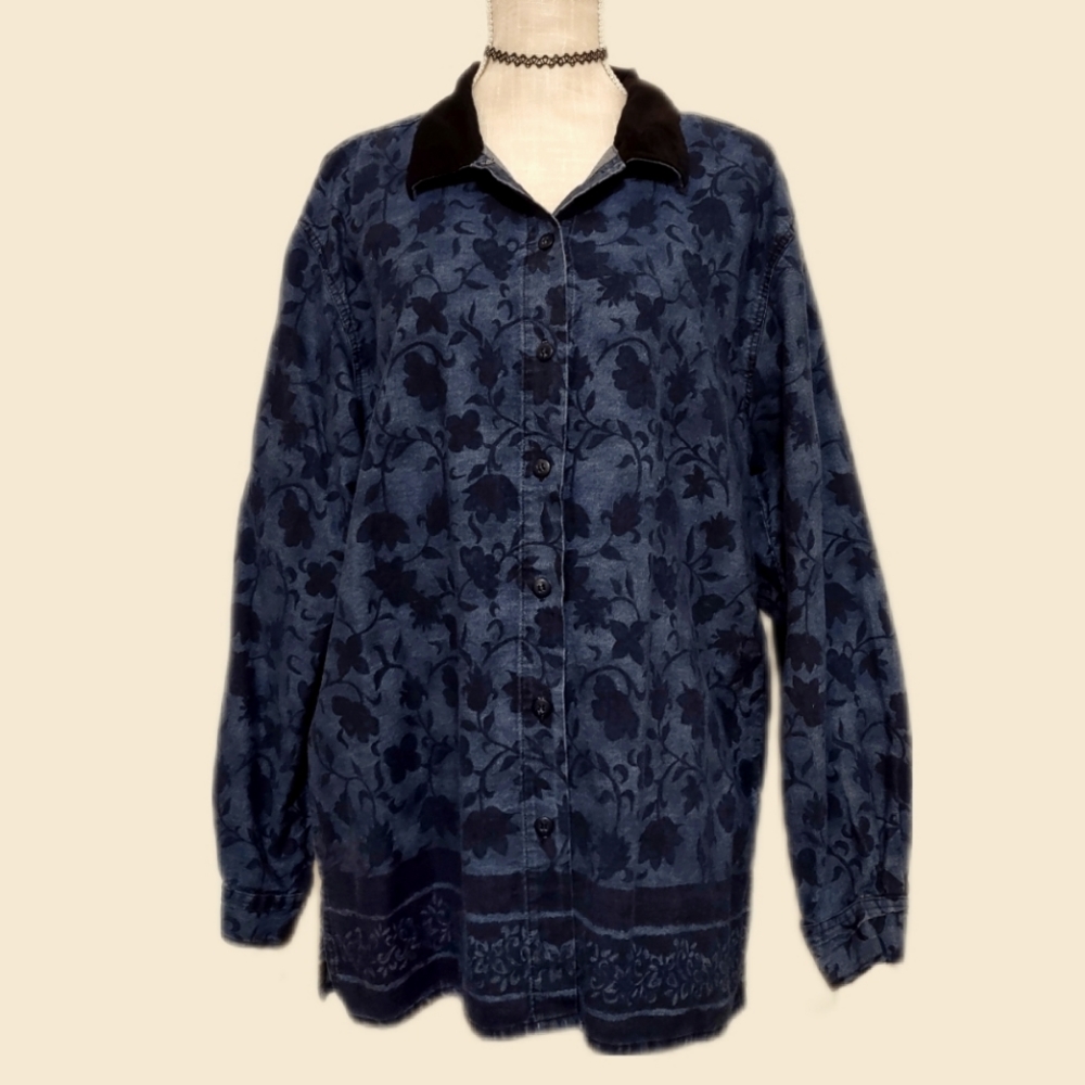 Vintage floral deep blue button up denim jacket